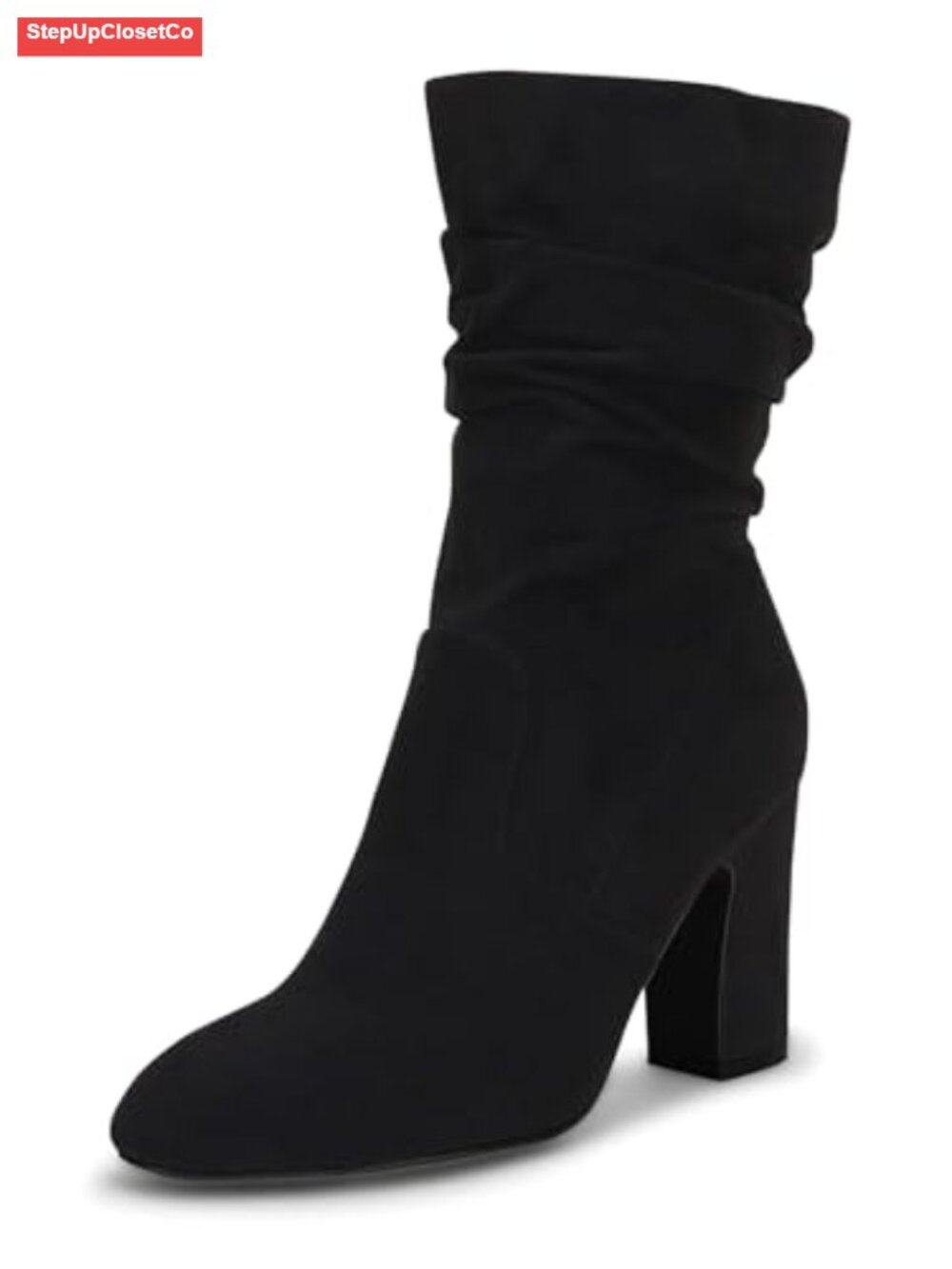 Mid Calf Slouchy Boots Suede High Heel Zip Stacked Chunky Block Round Toe